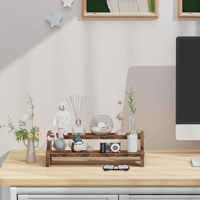 Wood Display Stand, 2 Tier Perfume Organizer Display Riser Cupcake Stand, Tiered Step Shelf Countertop Spice Storage Holder for Kitchen Pantry Cabinet, Rustic Brown