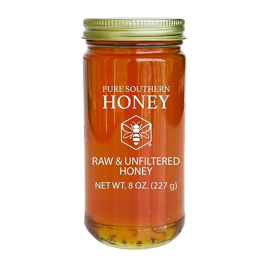 100% Authentic, USA - Made Raw Unfiltered Honey, Made by Pure Southern Honey [ 8 oz ] - Unheated - Non - GMO, No Additives, All - Natural Sweetener- Environmental-Friendly Glass Jar