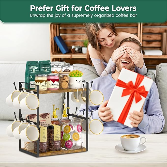 EsLuker.ly Coffee Station Bar Organizer Mug Holder Stand Countertop, 2 Tier Mug Cup Tree Rack for Kitchen Office, Storage Shelf with 12 Hooks, Creat Stylish Coffee Corner