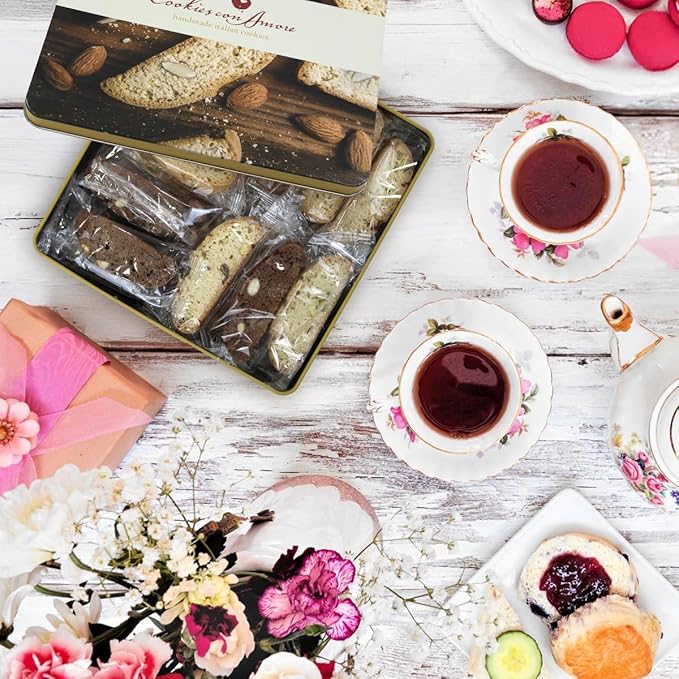 Italian Biscotti Cookie Gift Box, 30+ Pieces Individually Wrapped Gourmet Biscotti - 2Lb Square Tin with Authentic Italian Cookies for Holliday Gifting, Coffee Pairing, and Christmas Celebrations