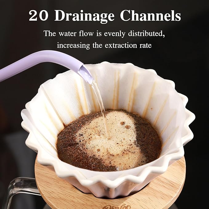 Bincoo Ceramic Coffee Dripper,Pour Over Coffee Dripper with Wood Stand, Flower-shape for 1-2 Cups Slow Brewing Maker for Home Cafe (Blue)