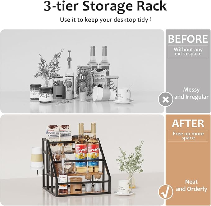 Coffee Syrup Rack Organizer, 3 Tier Countertop Storage Shelves, Kitchen Storage, 12 Syrup Bottle Stand Holder for Wine, Liquor, Kitchen Coffee Station Organizer Rack, 13.8"x13.4"x13.0", Rustic Brown