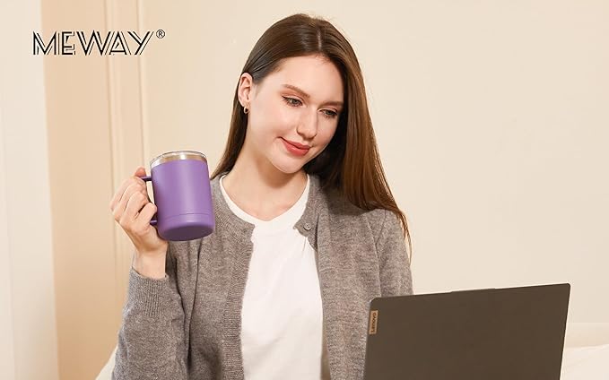 MEWAY 12oz Coffee Mug With Handle 2 Pack Bulk,Stainless Steel Insulated Travel Tumblers With Sliding Lid,Double Wall Vacuum Camping Cup for Hot & Cold Drinks Tea (Purple,Set of 2)