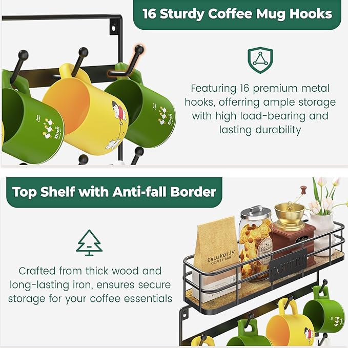 EsLuker.ly Coffee Mug Holder Wall Mounted Display Rack, Black Metal Cup Hanger Organizer with16 Hooks, Wood Rustic Shelf for Coffee Bar Home Kitchen, Space Saving Wall Storage, Black