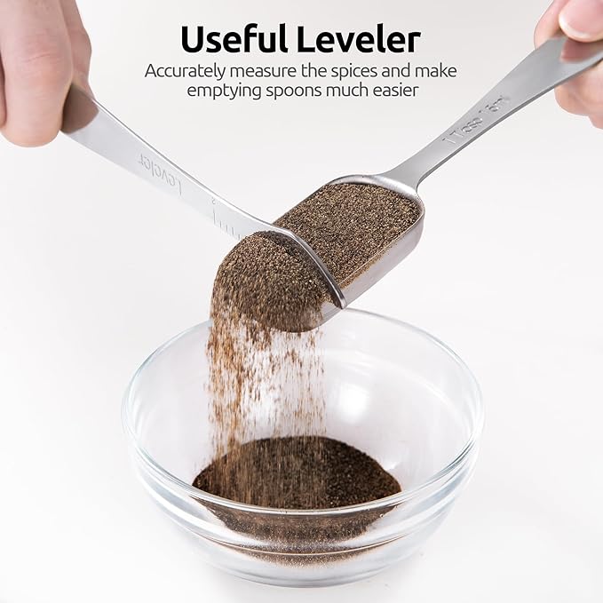 U-Taste Narrow Square Measuring Spoons: 18/8 Stainless Steel Kitchen Measure Teaspoon Tablespoon with Leveler, Polygon Rectangular Metal Jar Scoop for Baking Cooking, Coffee, Spice, Powder (Set of 6)