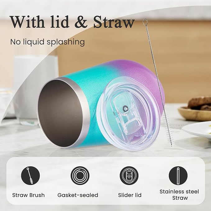 MEWAY Stainless Steel Wine Tumbler with Lid and Straw 12oz - Stemless Insulated Wine Cup Glass for Coffee,Cocktails,Champagne, and Office Use, Ideal for Parties and Gifts(Glitter Aurora,Set of 8)