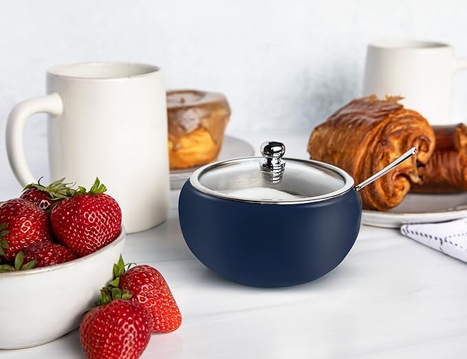 KooK Sugar Bowl, Sugar Bowl with Lid and Spoon, Sugar Container with Lid, for Salt, Coffee, Holds 2 Cups, Dishwasher Safe, Matte Navy, 16 Oz