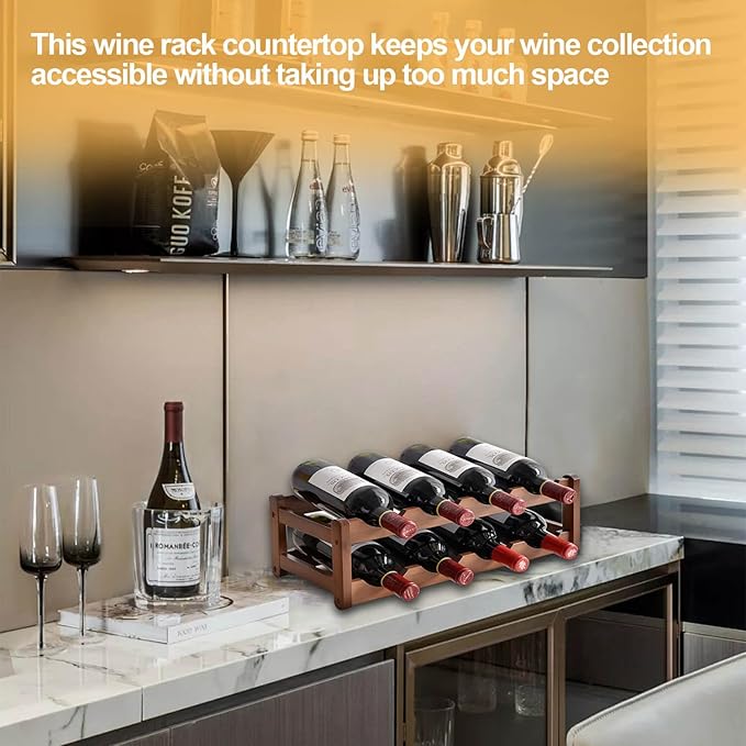 Wine Rack Countertop, 8 Bottle Wine Racks for Wine Bottles Storage Display, 2 Tier Wooden Wine Rack Free Standing Floor