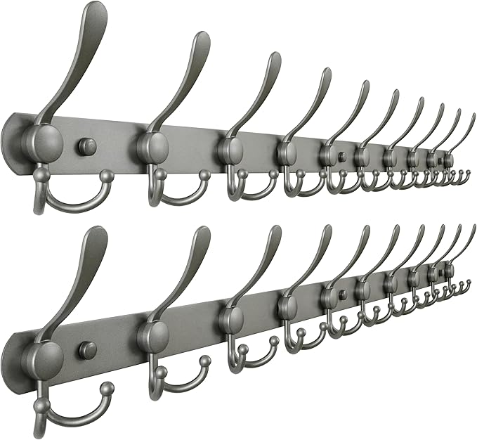 Dseap Coat Rack Wall Mount - 38” Long 10-Tri-Hooks Heavy Duty Coat Hanger Rail Wall Hooks for Hanging Coats Hats Clothing Clothes Purse Mudroom Entryway, Gray, Pack of 2