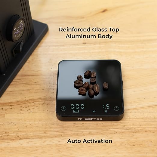 MiiCoffee Minipress Coffee Scale, Auto Timer for Espresso and Pour-Over Coffee, Aluminum Body & Glass Top