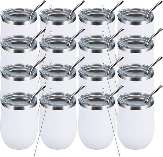 MEWAY 12oz Wine Tumbler 16 Pack Bulk Gifts for Women,Double Wall Vacuum Stainless Steel Travel Mug with Lid,Insulated Stemless Wine Cup Glass for Coffee,Cocktails,Drinks(White,Set of 16)