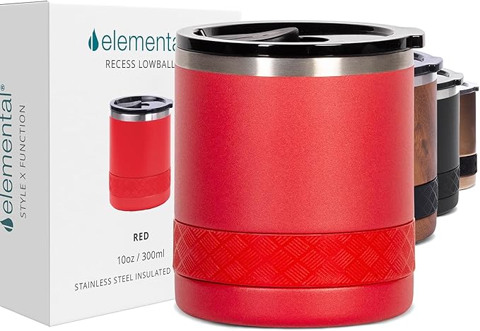 Elemental Recess Lowball Tumbler, 10oz Triple Wall Stainless Steel Cup with Non-Shattered Tritan Lid, Insulated Whiskey Glass, Insulated Coffee Tumbler Mug for Hot & Cold Drinks - Red