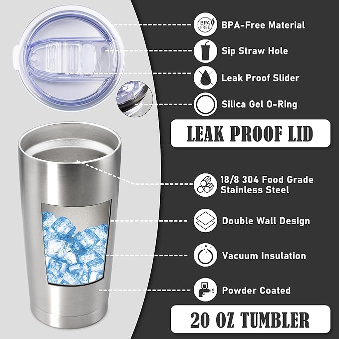 20 oz Tumbler Coffee Travel Tumblers Bulk with Lid Stainless Steel Double Wall Vacuum Insulated Mug Powder Coated Cups fit Car Cupholder for Hot and Cold - Stainless Steel, 12Pack