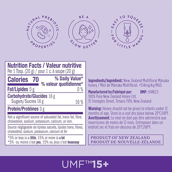 100% Pure New Zealand UMF 15+ MGO 512+ Manuka Honey Squeeze Bottle Raw & Unfiltered Certified Award Winning Silky Smooth Taste & Texture 12 Oz