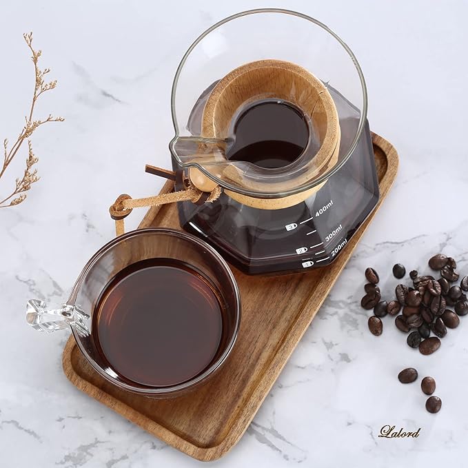 Pour Over Coffee Maker with Stainless Steel Filter, Borosilicate Glass Coffee Carafe, Modern Wooden Collar, Coffee Maker Carafe, Hold 2 Cups, 400 ml/13.5 oz, Clear