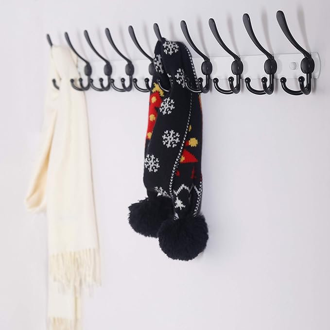 Dseap Coat Rack Wall Mount - 38” Long 10-Tri-Hooks Heavy Duty Coat Hanger Rail Wall Hooks for Hanging Coats Hats Clothing Clothes Purse Mudroom Entryway, White/Black