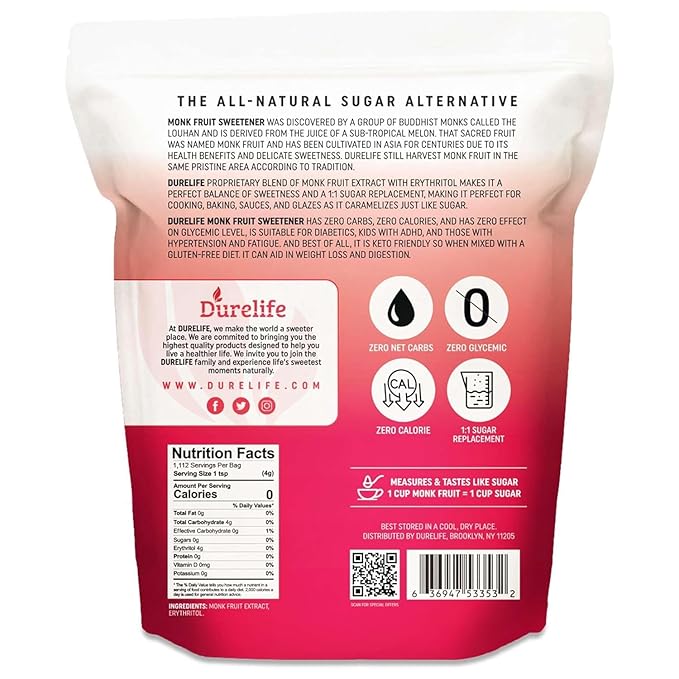 Durelife Monk Fruit Sweetener, Classic - Sugar Substitute, Keto Diet Friendly, 1:1 Zero Calorie, White Sugar Substitute, Classic White - 10 lb Bulk