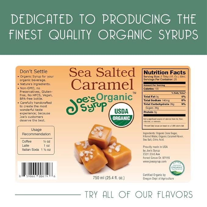Joe’s Syrup Organic Flavored Syrup, Organic Sea Salted Caramel, 750 ml
