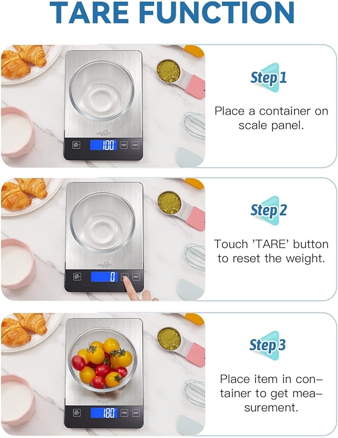 JOYHILL Food Scale, 10kg/1g Digital Kitchen Scale, Food Scale Grams and Ounces for Baking and Cooking, Premium Stainless Steel with LED Display, Batteries Included