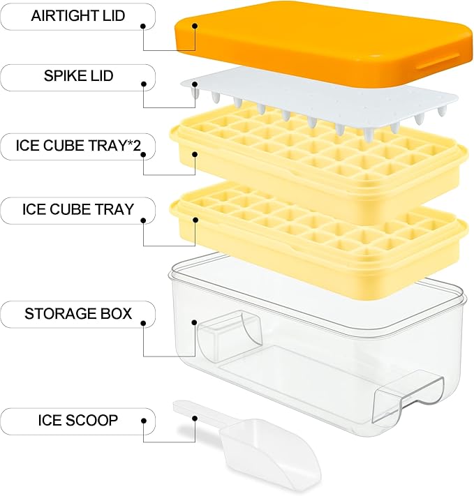 Ice Cube Tray, Press Type Ice Cube Maker, Ice Cube Trays with Lid and Storage, Yellow Ice Cube Moulds, 64 Pcs Ice Cubes, Easy Press to Release Ice, BPA Free, with Cover 2 Trays 1 Ice Bucket & Scoop