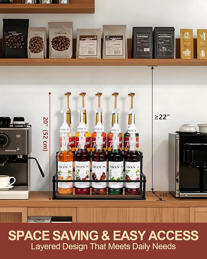 Coffee Syrup Rack Organizer, 2-Tier 10-Bottle Syrup holder Stand for Coffee Bar & Liquor Display Shelf, Countertop Stand for Coffee Syrups, Wine, Spice, Soda Bar
