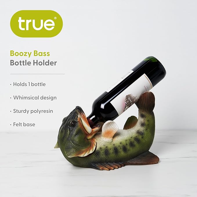 True Boozy Bass Polyresin Wine Bottle Holder - Table Top and Counter Wine Rack, Animal Home Decor - Set of 1, Green, Holds 1 Standard Wine Bottle
