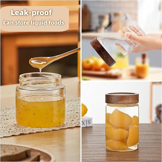 Set of 2 Glass Food Storage Jars, Premium Clear Glass Container Jar with Airtight Wooden Screw Lid, Kitchen Canisters for Coffee,Tea,Pasta,Cookies, Nuts,Spice,Candy,Overnight Oatmeal