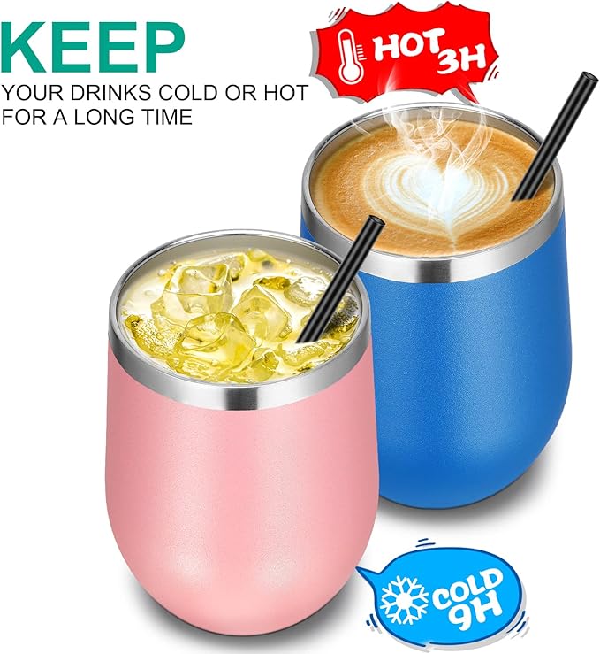 VEGOND Wine Tumblers Bulk 12 Pack, 12oz Stainless Steel Stemless Wine Glass with Lids and Straws, Double Wall Vacuum Insulated Tumbler Cup, Coffee Mug for Cold Hot Drinks