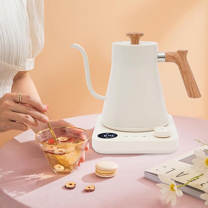 Electric Gooseneck Kettle Temperature Control Stainless Steel Water Kettle For Pour-Over Coffee & Tea Brewing, Quick Heating, Insulation Timer, 1200w 0.9l White