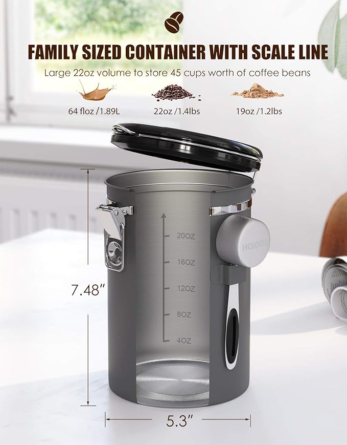 HAIOOU Airtight Coffee Canister, 22OZ Large Stainless Steel Coffee Bean Storage Container with Date Tracker, Measuring Scoop, CO2 Releasing Valves and Mini Tongs for Beans, Grounds and more - Gray