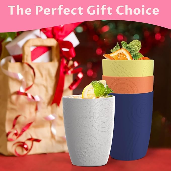 Homienly Wheat Straw Drinking Set of 4, Alternatives to Plastic, Reusable for Kitchen, Kids, Unbreakable Glasses 12 OZ, Dishwasher and Microwave Safe - Mondrian Colors