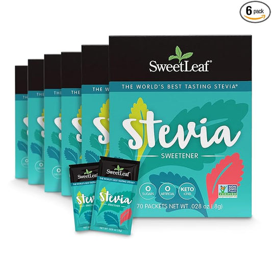 SweetLeaf Stevia Packets - Zero Calorie Natural Stevia Powder, No Bitter Aftertaste, Sugar Substitute for Keto Coffee, Nothing Artificial, Non-GMO Stevia Sweetener Packets, 70 Count (Pack of 6)