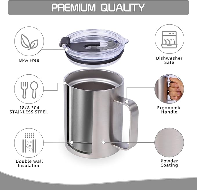 Volhoply 12oz Insulated Leakproof Coffee Mug with Flip & Straw Lid,Double Wall Vacuum Stainless Steel Travel Cafe Tumbler Cup with Handle,Reusable Camping Mugs Keep Cold/Hot(Silver,1 Set)