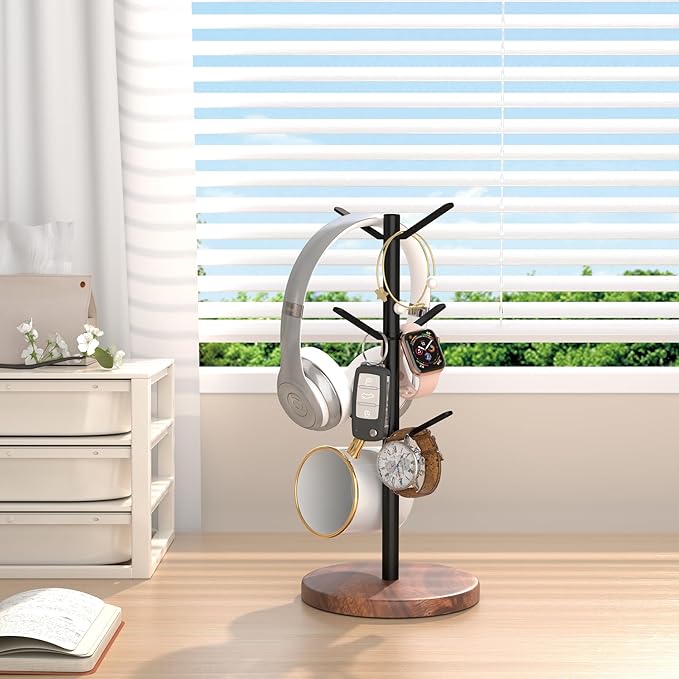 Coffee Mug Tree Holder Countertop, Non-Slip Walnut Wood Mug Rack with 6 Hooks, Coffee Cup Rack for Home Storage and Organizer (Brown)