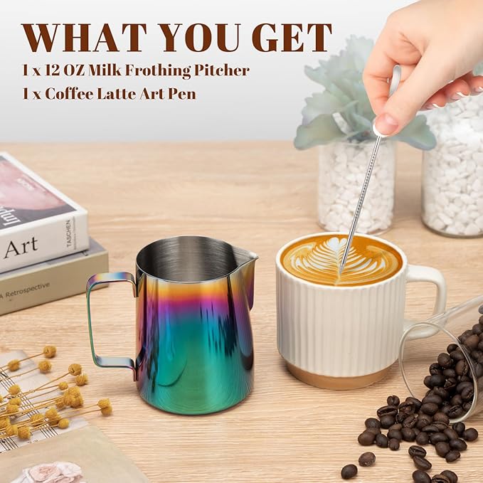 Milk Frothing Pitcher, 12 oz Milk Frother Cup with Clear Scale, 304 Stainless Steel Cappuccino Espresso Machine Accessories for Barista Coffee Bar with Latte Art Pen, Multicolor