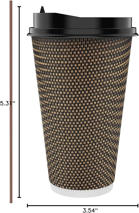 LITOPAK 80 Pack 16 oz Paper Coffee Cups, Insulated Ripple Wall Paper Cups with Lid and Straws, Three Layer Insulated Hot Beverage Cups for Hot Drinks, Coffee Cups for Parties, Picnic, and Travel