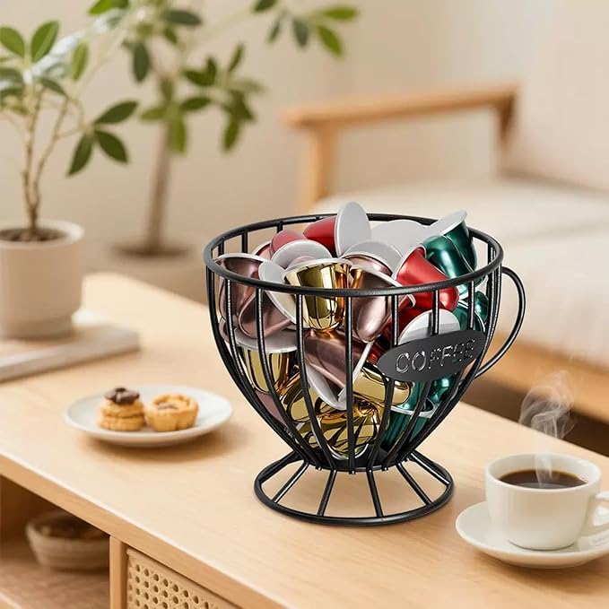 Coffee Pod Holder,Large K Cup & Capsule Storage Organizer, Tea Cup Coffee Capsule Basket, Metal Coffee Bar Organizer for Kcup Kitchen Dinning Room Office Home Cafe Hotel (Black)