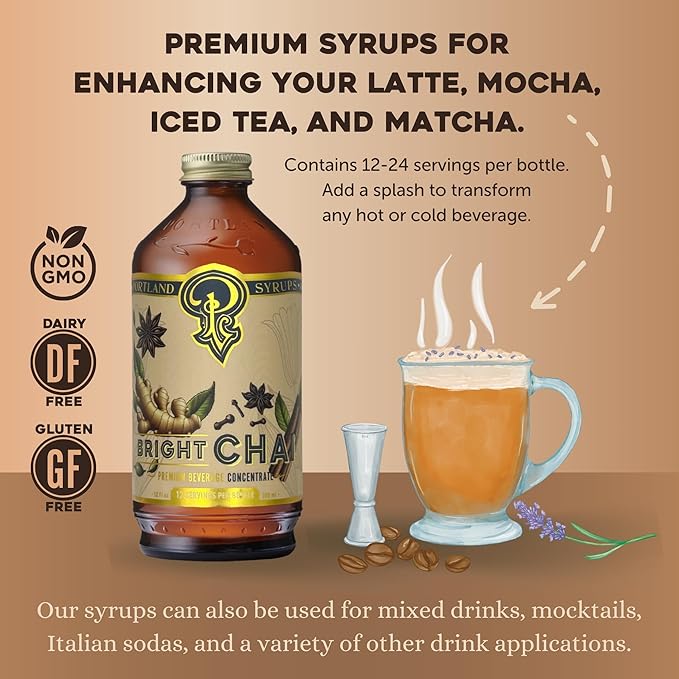 Portland Syrups Bright Chai Syrup - For Coffee, Cocktails, Mocktails & Sodas - Premium Concentrate - Orange Pekoe Tea, Ginger, Cinnamon & Cardamom - Rich Chai Flavor - 12 oz, 24 Servings (Pack of 2)