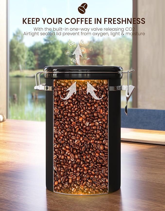 HAIOOU Large Coffee Canister, 38OZ Oversized Stainless Steel Coffee Bean Storage Container with Date Tracker, Measuring Scoop, CO2 Releasing Valves for Beans, Grounds and more - Black