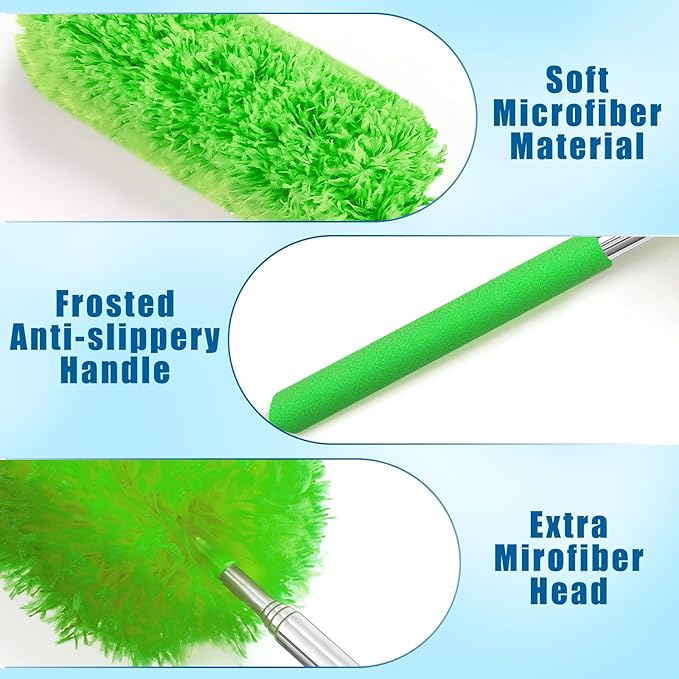 Tanlade 12 Pcs Microfiber Feather Duster for Cleaning 13-31 Inch Extendable Cobweb Dusters Ceiling Fan Duster Washable Bendable Tool for Office Car Window Furniture (Green)