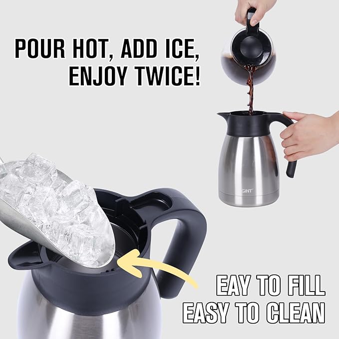 GiNT 34Oz Thermal Coffee Carafe, Insulated Stainless Steel Coffee Carafes for Keeping Hot/Double Walled Vacuum Coffee Carafe (Silver, 1L)