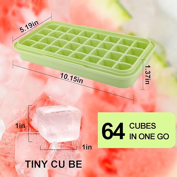 Ice Trays for Freezer with Lid & Bin, Ice Cube Tray Making 64 pcs Ice Cubes, Easy Press to Release Ice, Ice Tray with Storage Bin Chilling Cocktail Whiskey Coffee 2 Trays 1 Ice Bucket & Scoop (Green)