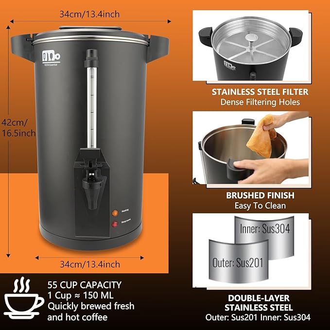 55-Cup 10L Commercial Coffee Urn, Festa Essential 750W Double Wall Large Percolate Coffee Maker Stainless Steel Hot Water Urn Dispenser with Double Dripless Faucet, Quick-Brewing for Catering, Black
