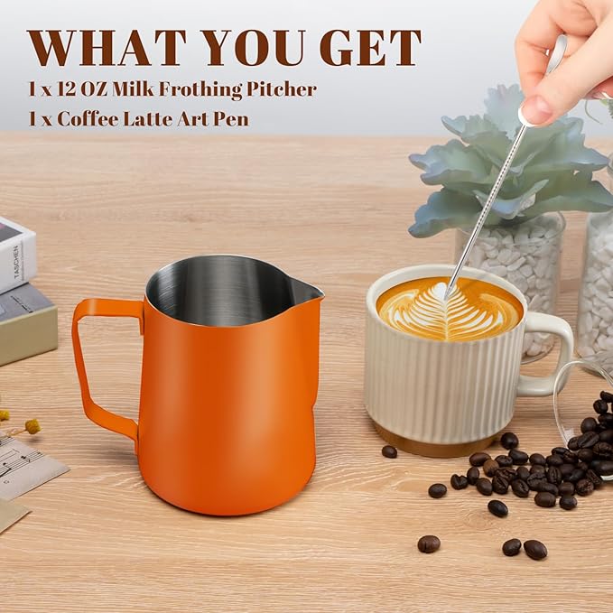 Milk Frothing Pitcher, 12 oz Milk Frother Cup with Clear Scale, 304 Stainless Steel Cappuccino Espresso Machine Accessories for Barista Coffee Bar with Latte Art Pen, Orange