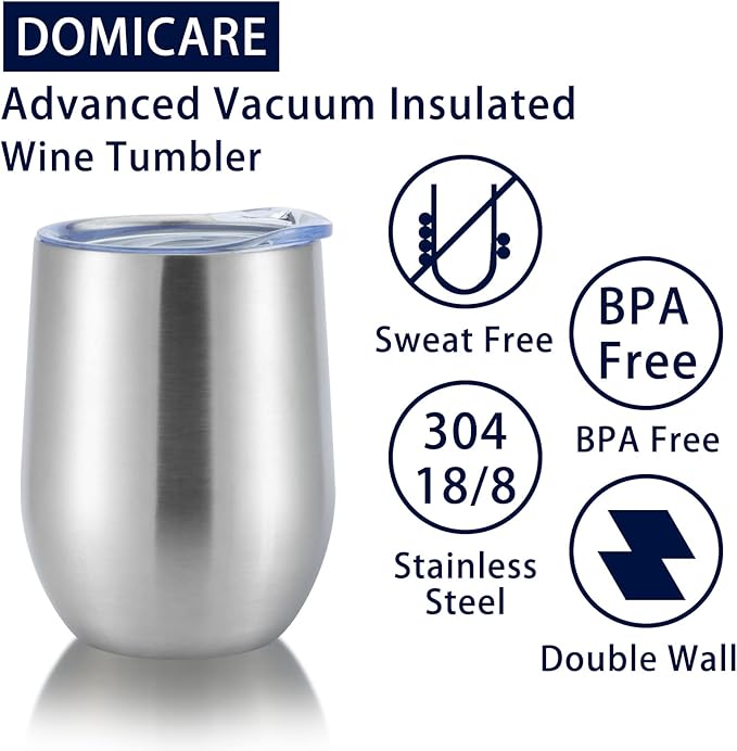 DOMICARE Stainless Steel Wine Tumbler Bulk with Lid, Personalized Insulated Tumblers Set, 12oz Travel Coffee Cups Pack of 4, Stainless steel