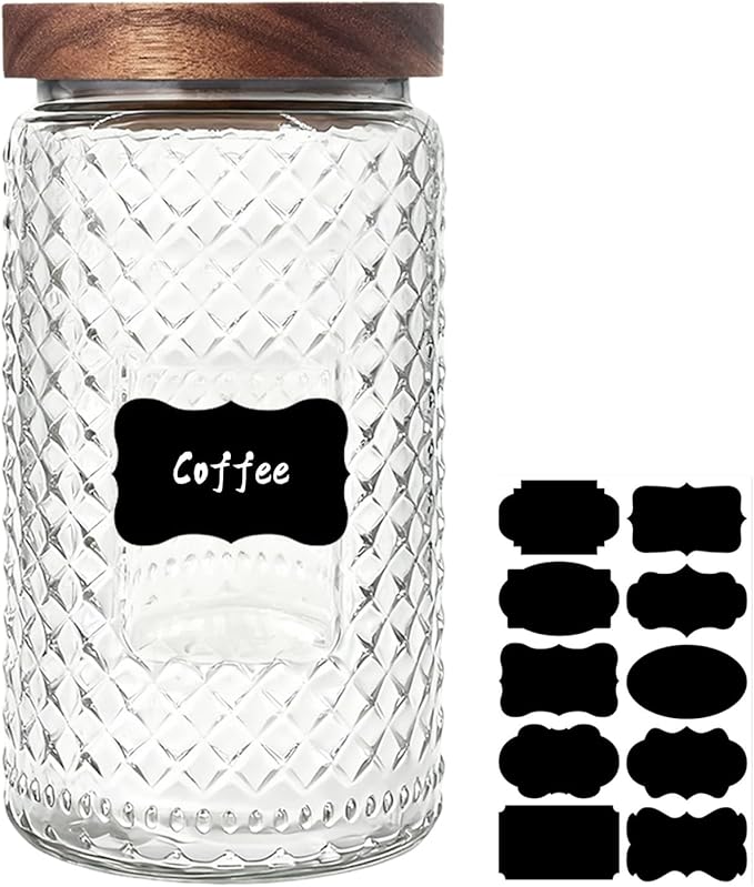 Glass Jar with Wood Lid and Label - 34 OZ Large Kitchen and Pantry Storage Container for Countertop, Airtight Decorative Vintage Canister for Candy, Cookie, Treat, Sugar, Coffee, Tea