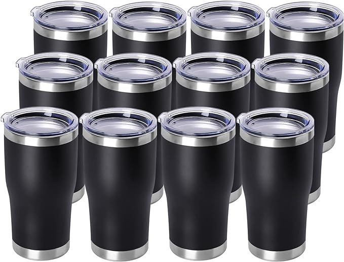 DOMICARE 20oz Tumbler with Lid Stainless Steel Tumblers Bulk, Double Wall Vacuum Insulated Coffee Travel Mug Powder Coated Tumbler, 12 Count (Pack of 1) Black