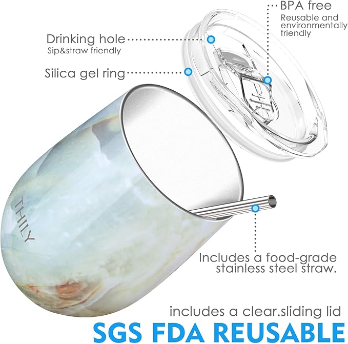 THILY Vacuum Insulated Stemless Wine Tumbler 12 oz Stainless Steel Wine Glass with Lid and Straw, Keep Cold or Hot for Coffee, Cocktails, Christmas Birthday Gift, 2 Pack(White Marble + Opal Marble)