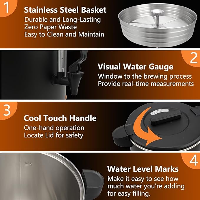 115-Cup 20L Commercial Coffee Urn, Festa Essential 1500W Double Wall Large Percolate Coffee Maker Stainless Steel Hot Water Urn Dispenser with Double Dripless Faucet, Quick-Brewing for Catering, Black