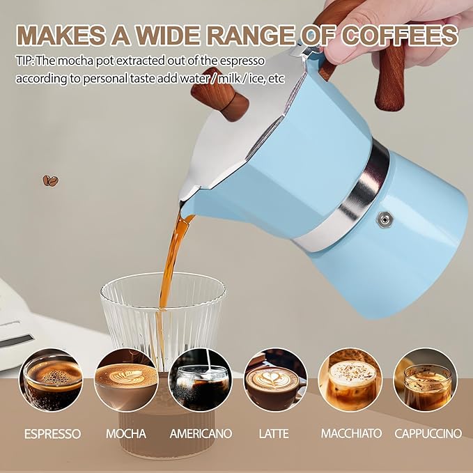 Aluminum 6 Cup 300ml Moka Pot Express Coffee Maker Stovetop Espresso Colorful Coffeemaker Italian Classic Style Brewing Greca Cafe Mocha Machine for Cafeteras Lover Camping Travel and Home Use 10oz